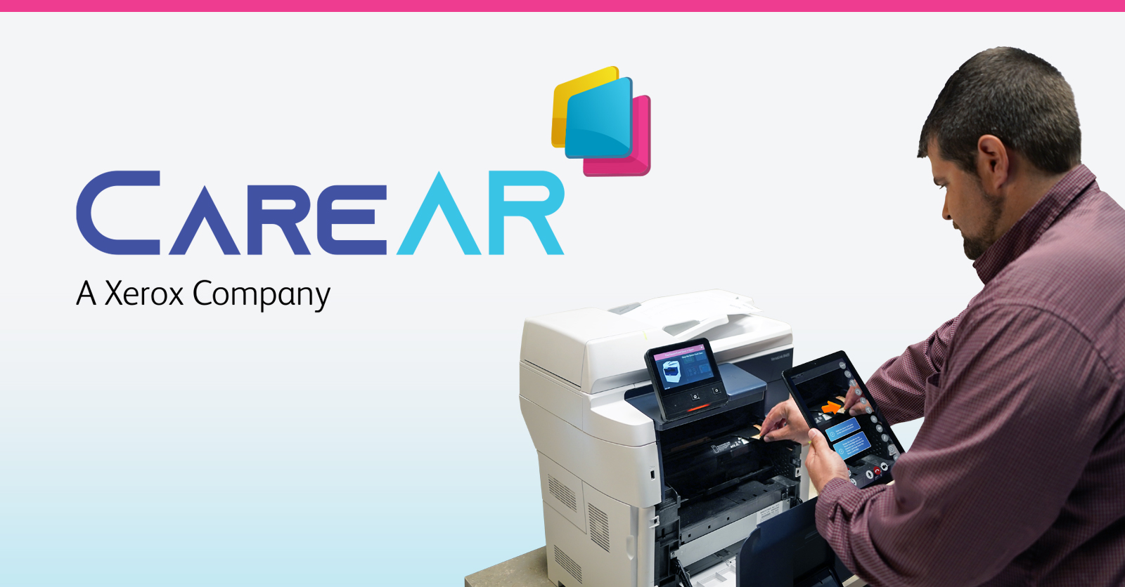 man troubleshooting printer with CareAR Assist