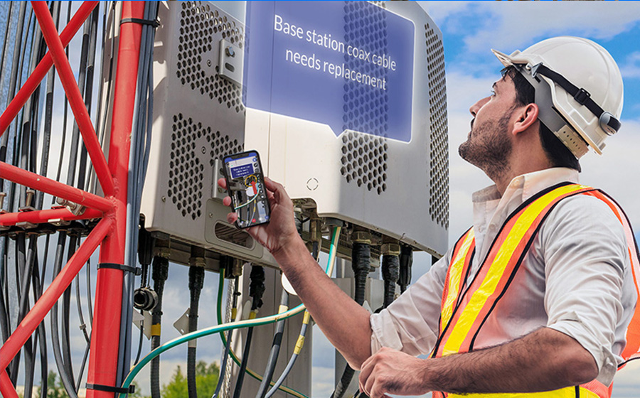 Field service worker maintaining base station with digital work instructions