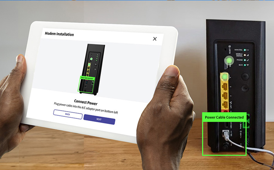 customer installing modem with AI state detection in digital work instructions