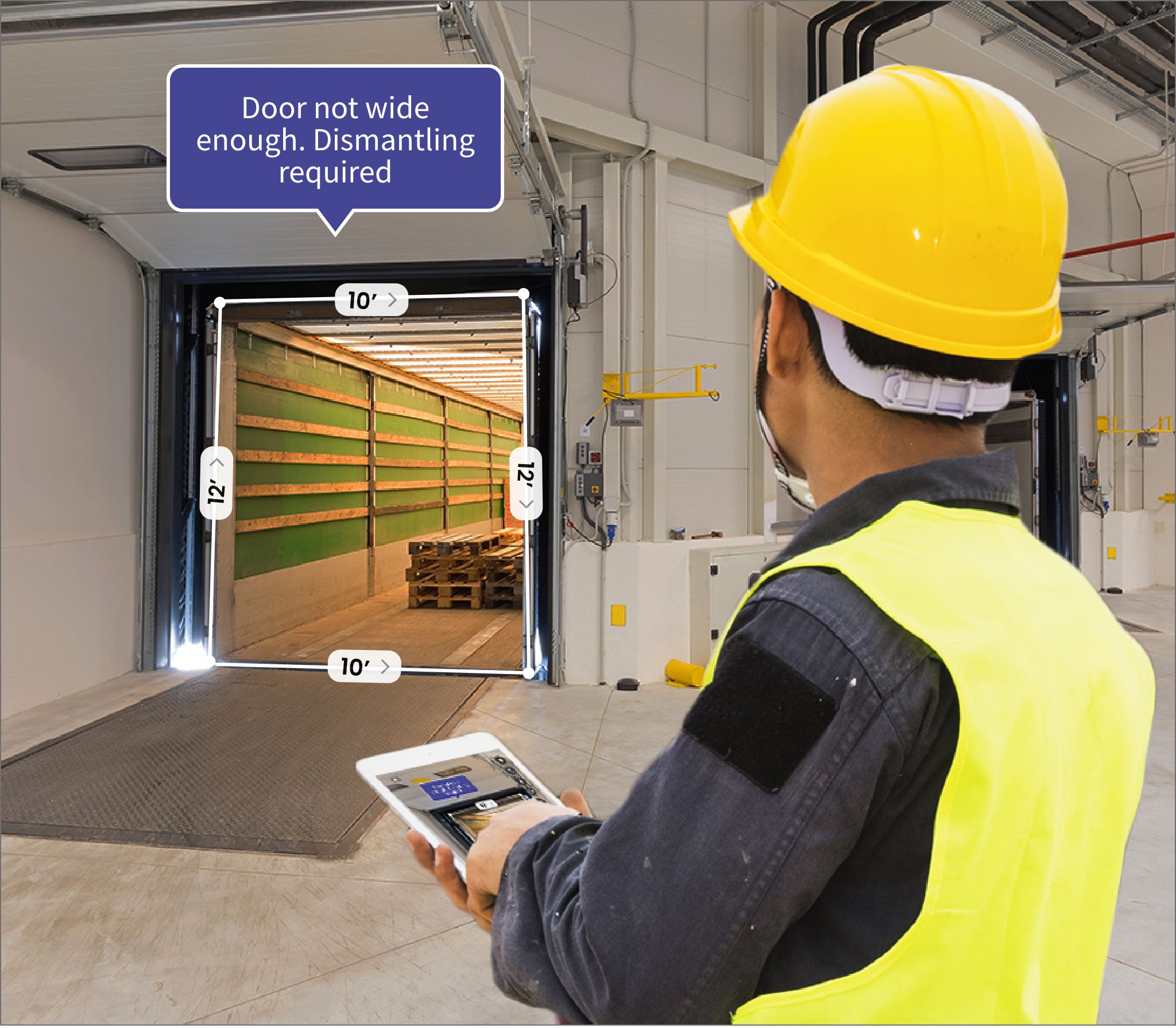 warehouse worker uses AR measurement to determine if shipment will fit through garage door